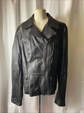 Vera Pelle Vintage Black Leather Asymmetrical Zip Jacket size 50